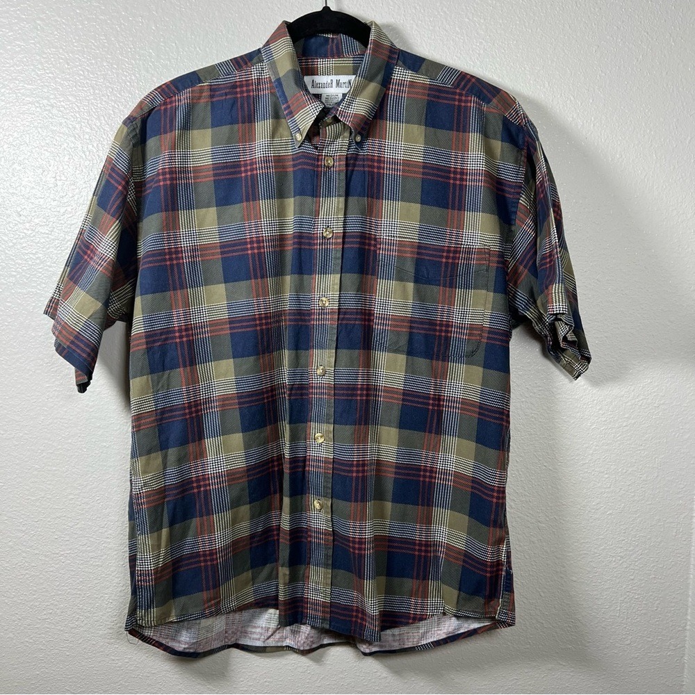 Alexander Martin Navy Olive Red Plaid Men's‎ Medium Short Sleeve Cotton Shirt